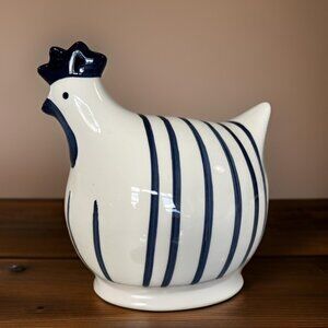 White and Blue Ceramic Hen by Indigo Daze Chicken Pottery Figurine 7" W x 6.75 H